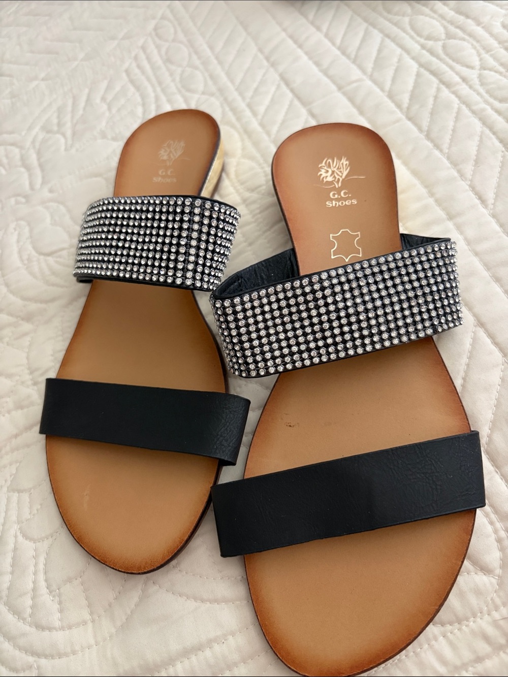 Women's Black Crystal Strap Slide Sandals